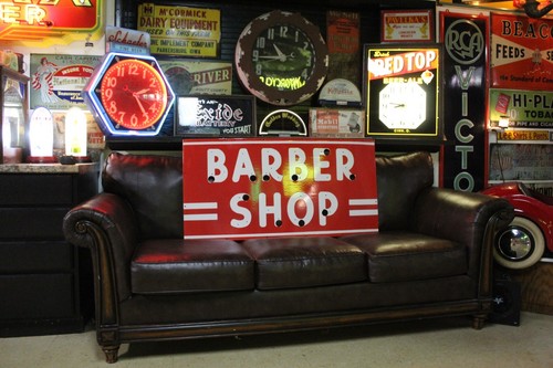 RARE BARBER SHOP PORCELAIN METAL NEON SIGN SKIN DECO HAIR GAS OIL MARVY MEN ROOM