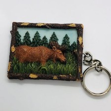Vtg Moose Faux Wood Frame Resin Keychain by Papel Giftware