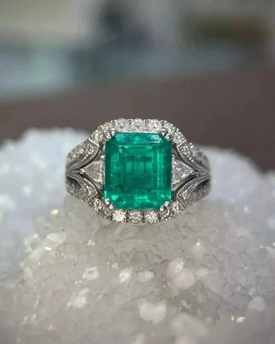3Ct Lab Created Green Emerald Diamond Engagement Art Deco Ring 14K White Gold FN