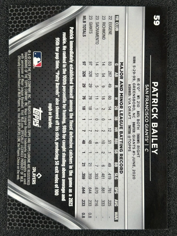 Patrick Bailey 2024 Topps Chrome Black Rose Gold Wave Refractor 6/15 #59 GIANTS - Image 2 of 2
