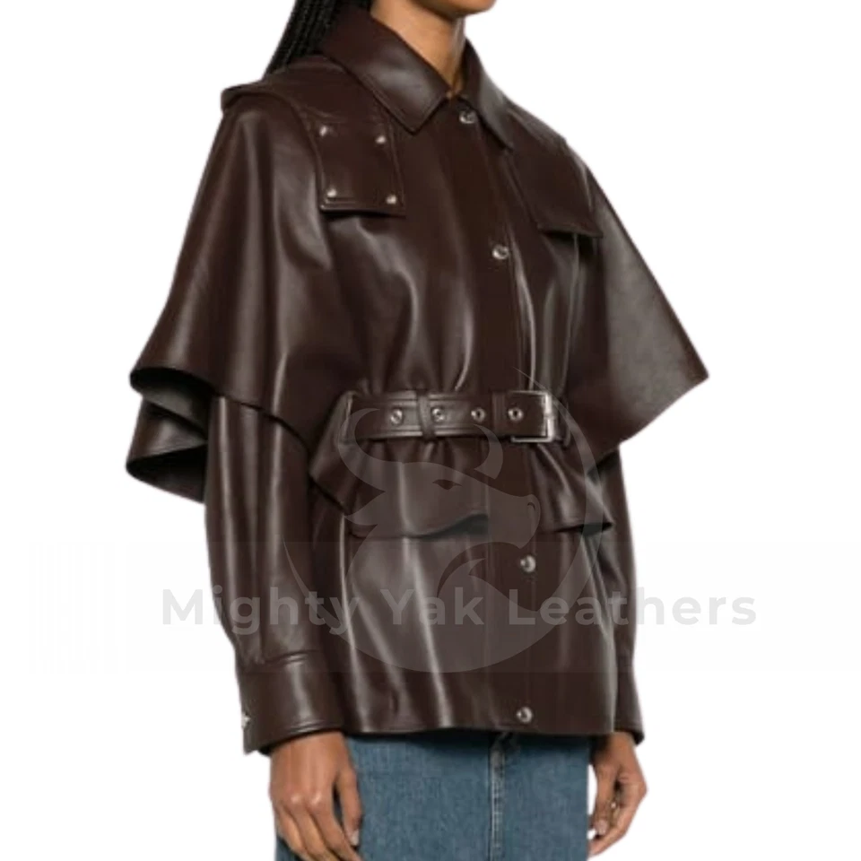 Chaqueta de cuero de vaca suave marrón genuino para mujer gabardina vintage con cinturón Foto 3 de 4