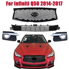 Fit Infiniti Q50 2014-2017 Front Bumper Upper & Lower Grille & Fog Light Cover
