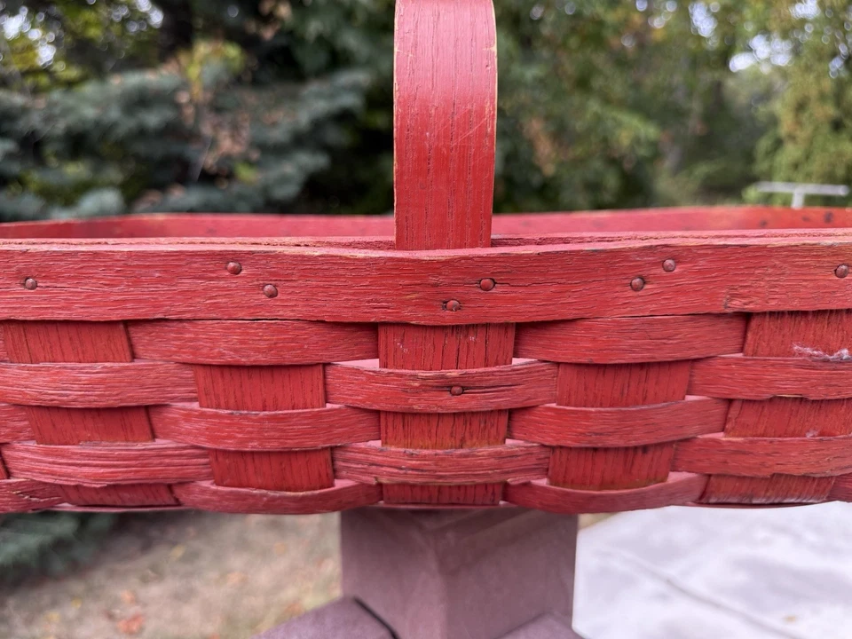 Antigua canasta de Gath dividida de roble pintado calabaza roja naranja primitiva de Pensilvania Foto 3 de 4