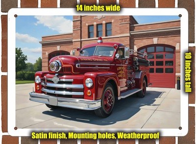 Metal Sign - 1958 Seagraves Fire Truck Oil Painting - 14x10