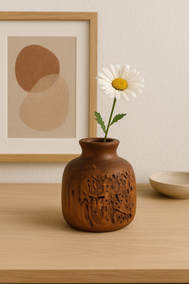 Burl wood's wild, swirling grain makes this little bud vase a natural sculpture you'd actually display.