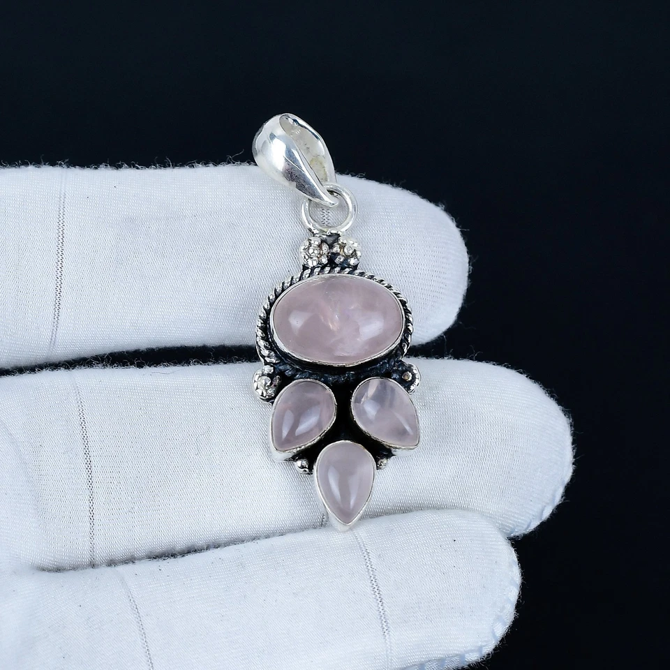 Rosa Quarzo Rosa Gemma Ciondolo 925 Argento Sterling Gioielli Per Donna Regalo - Immagine 2 di 4