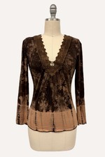 Tie Dye Lace Front Trim Long Sleeve Top, Brown T-party Small Made in the USA