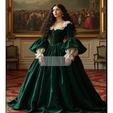 Victorian Era Green Evening Dress 18th Century French Prom Dress Long Sleeves