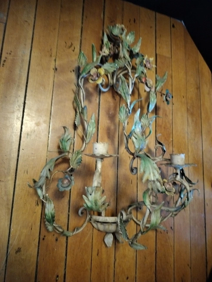 Vintage Italian French Toleware 2 candle Wall Sconce Painted Flowers 21" - Image 4 of 4