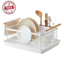 Yamazaki Home Dish Rack, Steel & Wood, Holds 22 lbs, L 13.19 x W 18.5 x H 7.87in