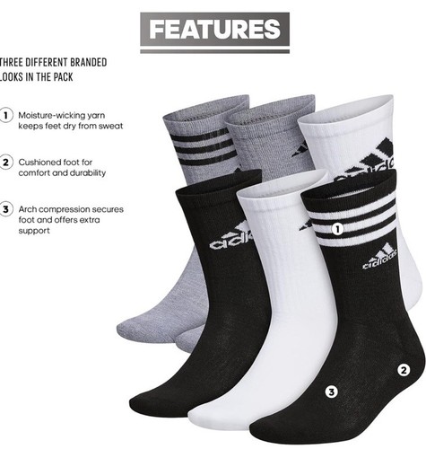 adidas Boy's Cushioned Mixed Crew 6-Pack 13C-4Y Onix Grey Black White Aeroready - Picture 2 of 5