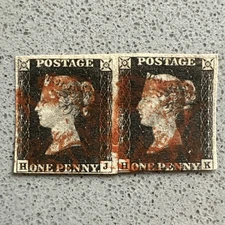 Penny Black Pair HJ HK 1840 SG2 Red Maltese Cross Used GB Stamp 3 3/4 Margins (M
