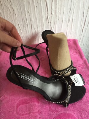 George Asda Black Satin Diamante Ankle Strap Stiletto Sandals Size