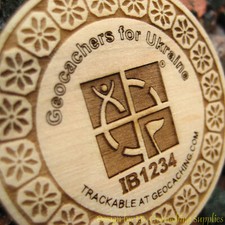 Geoachers for Ukraine trackable Wooden Nickel Geocaching Logo, Unactivated 