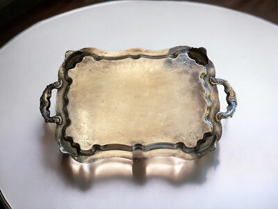 Large Silver Plated Rectangular Handled Tray With Feet Antique
