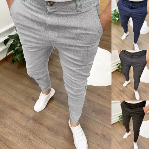 Mens Slim Fit Casual Work Pants Skinny Stretch Business Office Formal Trousers - Picture 3 of 33