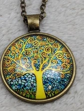 Tree of Life Pendant Round Dome Necklace Autumn tones Bronze Tone Chain Colorful