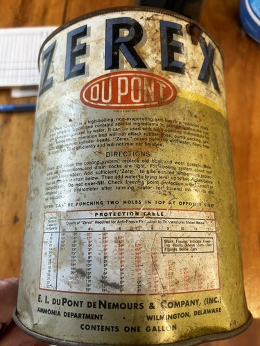 100% ORIGINAL ~ 1950’s DuPont Zerex ANTI FREEZE Old Display Tin 1 Gallon Pic - Picture 4 of 8