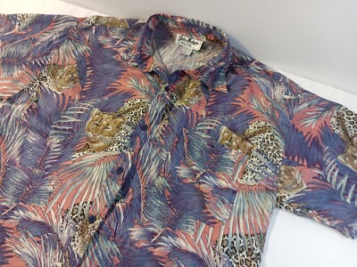 Vintage Jeri Margue Women's Silk Button Up Top Leppard Theme Floral Print Size L