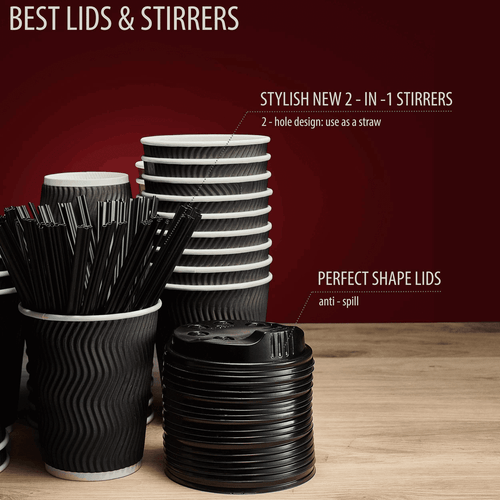Insulated Disposable Coffee Cups with Lids & Straws 12 oz 100 Packs Black Cups - Picture 2 of 7