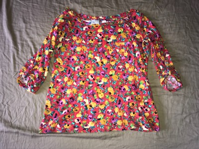 Anthropologie Postmark Here & There Shirt Tee XS Floral Cotton Ruched Sleeves