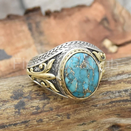 Blue Turquoise Ring 925 Sterling Silver Ring, Men's Ring Two Tone Ring Boho Ring