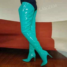 Women Thigh High Boots Shiny V Cut Zipper Thin High Heels Boots Over Knee Shoes