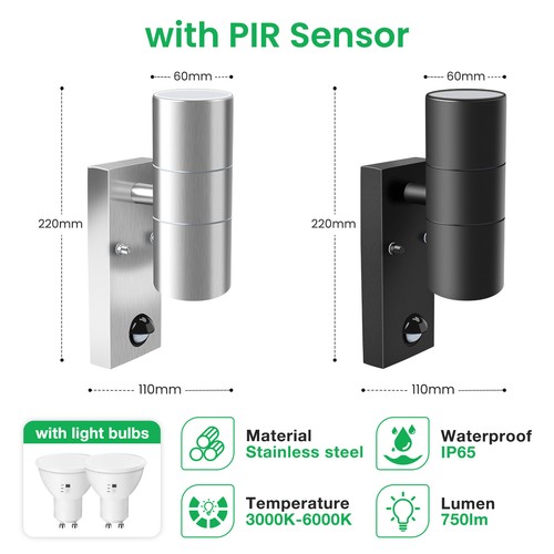 Up Down Led Wall Light PIR Sensor 5W GU10 Outdoor Garden Wall Lights ...