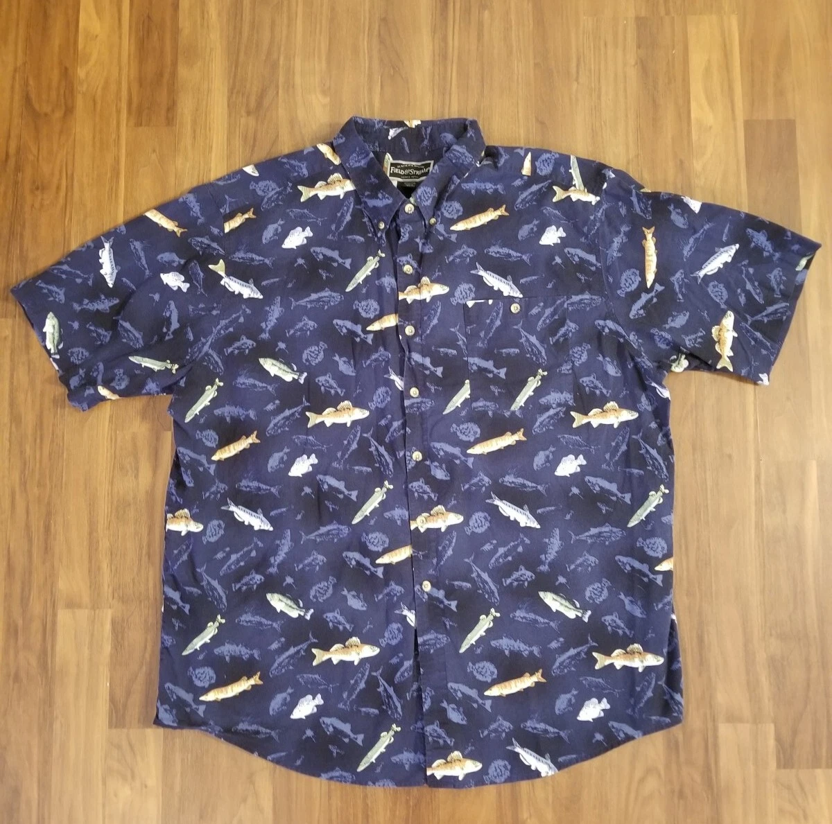 Field & Stream Shirt Mens Fishing Button Down Short Sleeve 2X Fish All Over