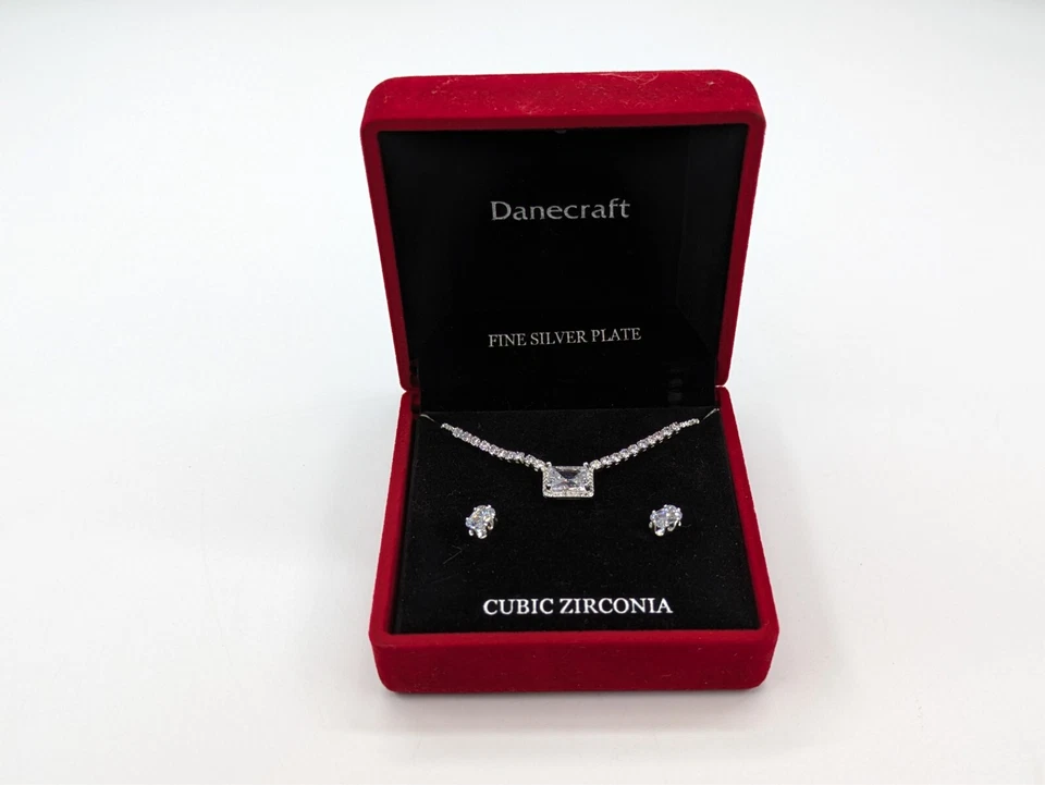 Danecraft Cubic Zirconia Fine Silver Plated Necklace & Earrings Set NIB - Image 2 of 4
