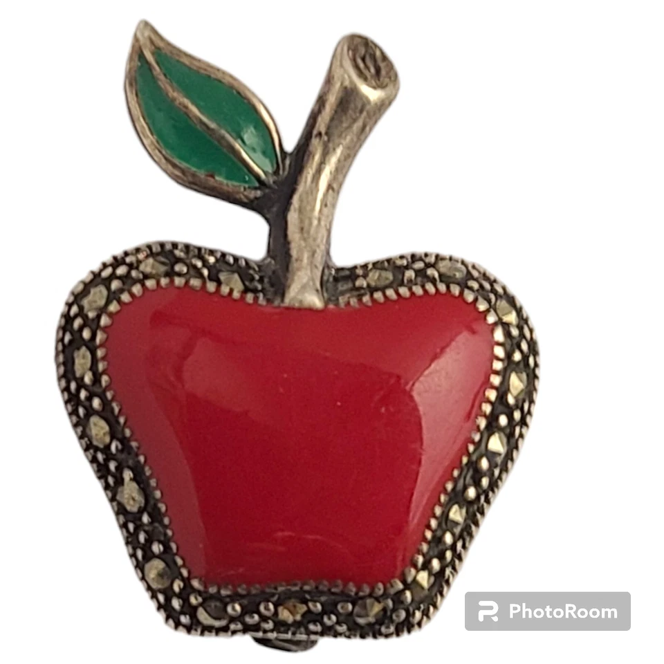 Broche prendedor vintage delicado diseño marcasita esmalte manzana rojo plata de ley Foto 3 de 4