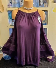 Loft Open Shoulder Bohemian Top Womens S Purple Cotton Lace Velvet NWT