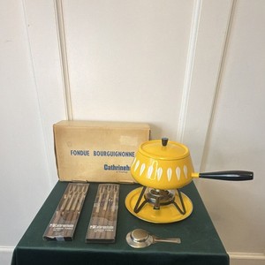 Cathrineholm Lotus Fondue Set Yellow Norway MCM w/ Box Stand Burner Forks
