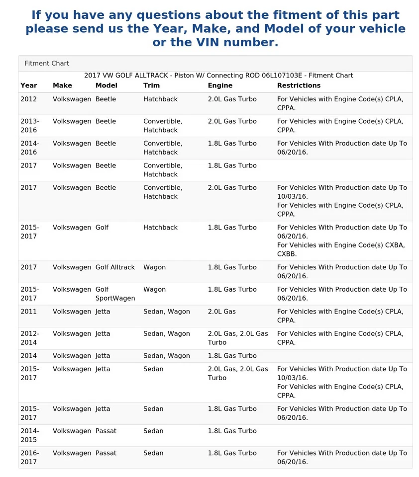 VW Golf Alltrack 2017 - pistón con varilla de conexión 06L107103E Foto 4 de 4