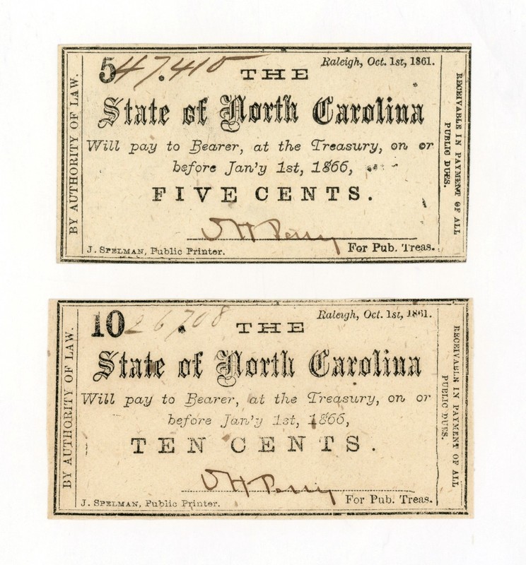 (Pair) 1861 5c & 10c The State of NORTH CAROLINA Notes - CIVIL WAR Era Ch.AU