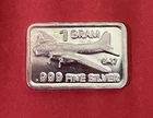 1 Gram Solid Silver Bar With B-17 Bomber Image! Fine .999 Pure Silver!