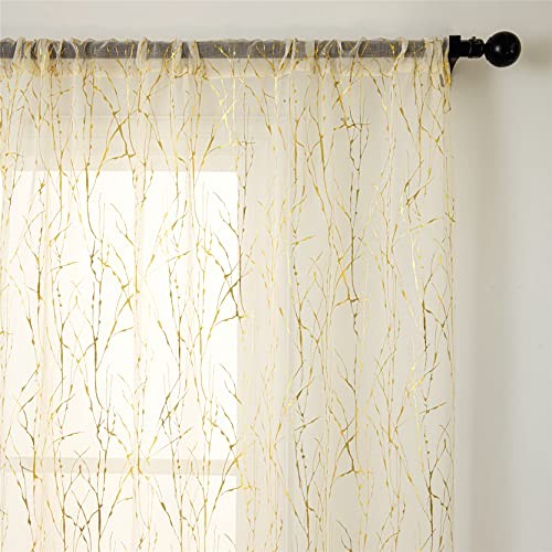 Cream Sheer Curtains 96 inch Length 2 Panels, Tree Branch Gold Foil Print - Picture 2 of 8