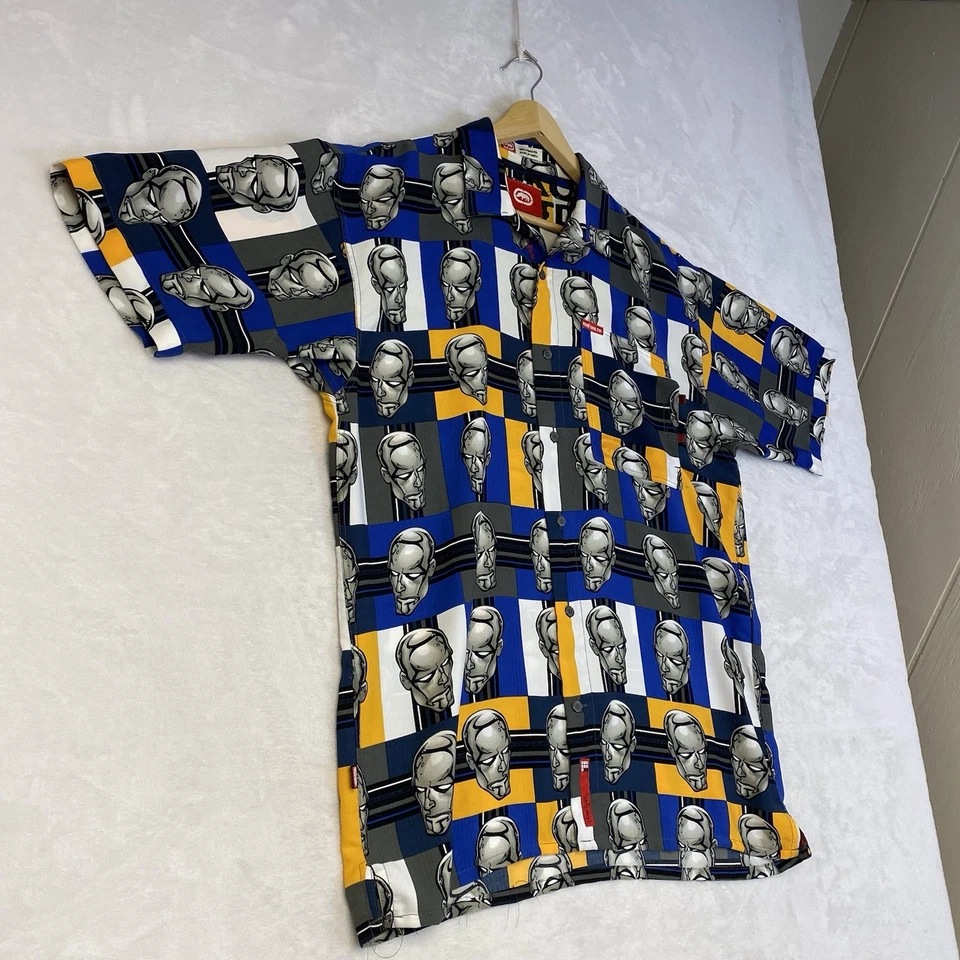 Camisa De Colección 2000 Ecko Complex X Marvel Para Hombre Grande Plateada Surfer AOP SS Abotonada Foto 2 de 4