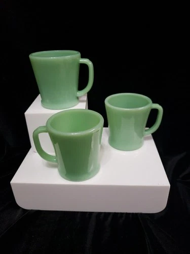 3 True Fire King Jadeite Flat Bottom D Handle Mugs Rolled Base 1948-50 Oven Ware