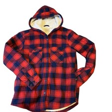 Boston Traders Flannel Sherpa Lined Jacket Womens Size S Plaid Hoodie Red Black