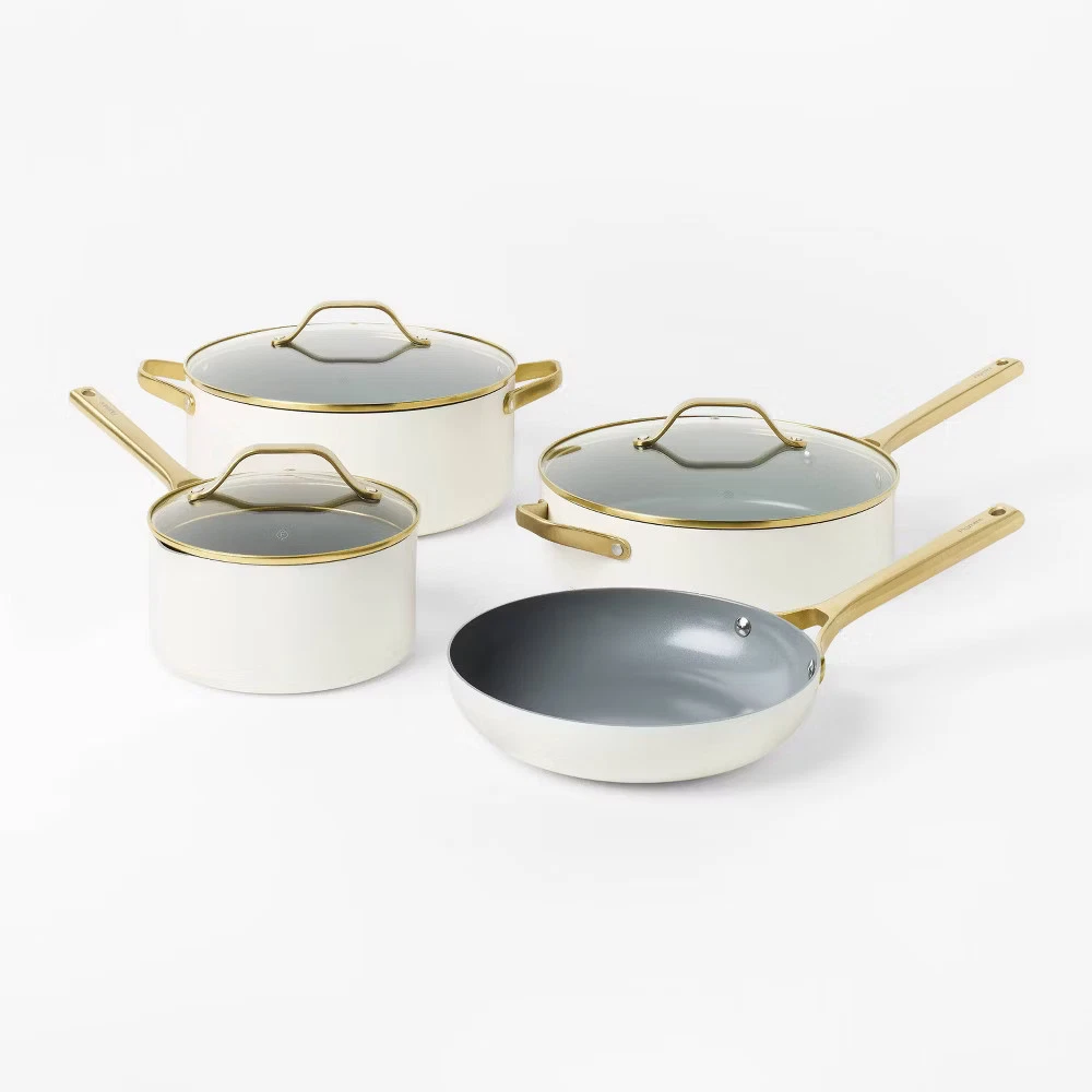 7pc Nonstick Ceramic Coated Aluminum Cookware Set with Champagne Handles Cream -