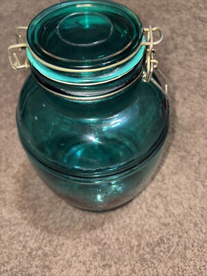 Cracker Barrel Quart Aqua Blue Glass Canister Jar Cookies Flour