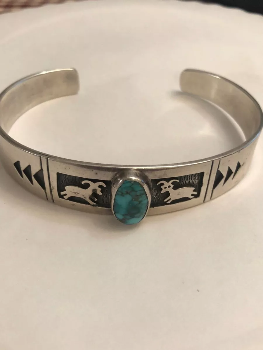 ERICK BEGAY NAVAJO STERLING CUFF WITH TURQUOISE and TWO BIG HORN