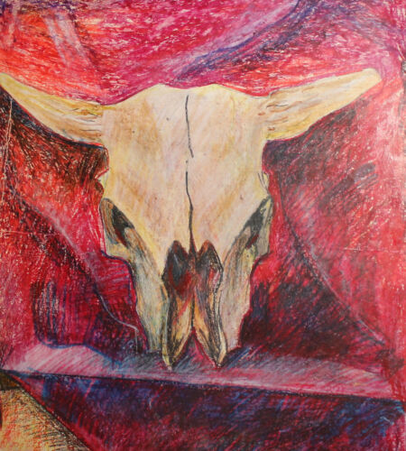 VINTAGE PASTEL PAINTING EXPRESSIONIST STILL LIFE WITH BULL SKULL - Picture 1 of 11