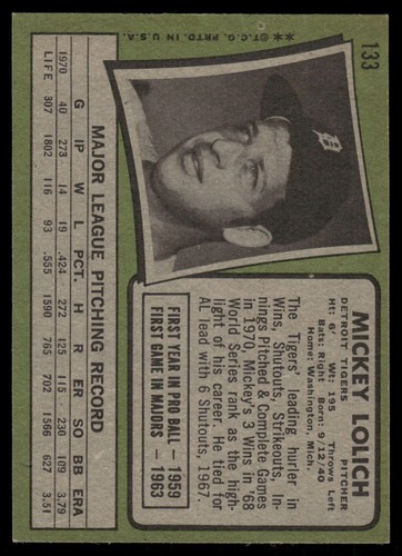 1971 Topps #133 Mickey Lolich Detroit Tigers - Picture 2 of 2