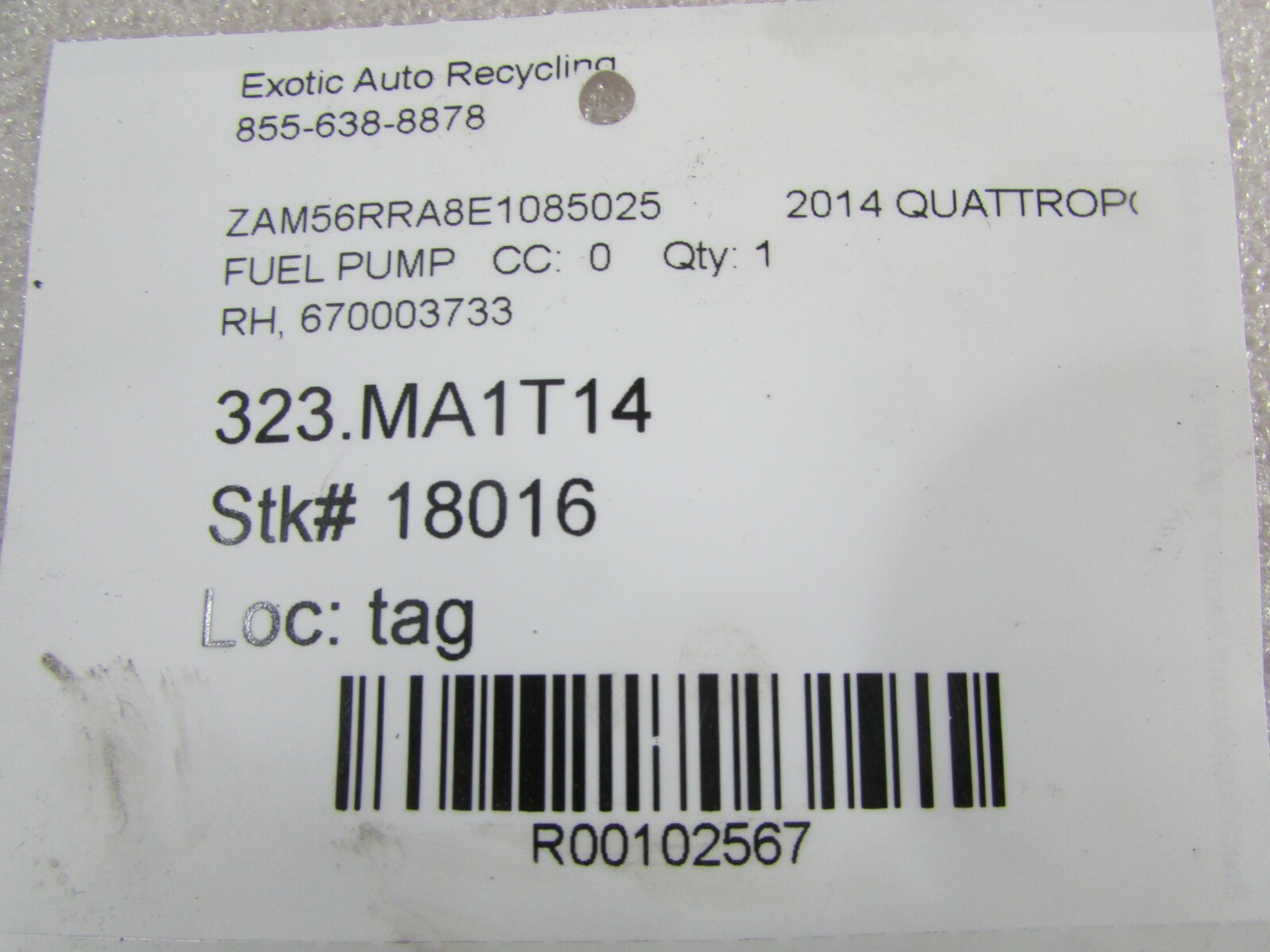 2014 Maserati Quattropo, RH, Right Fuel Pump Assembly, Used, P/N 670003733