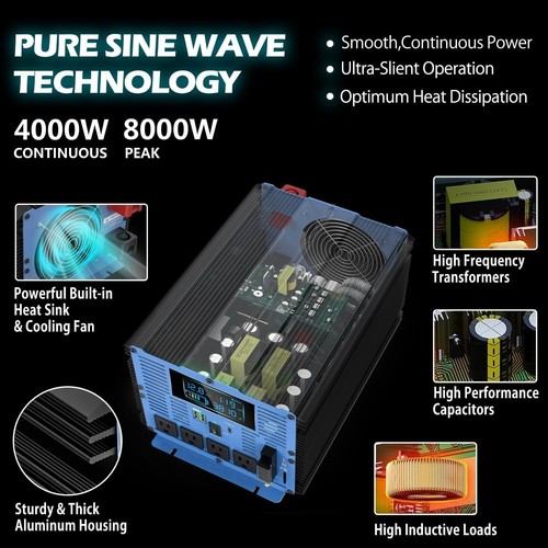4000W 8000W Pure Sine Wave Power Inverter Converter DC 12V To AC 110V 120V LCD - Picture 2 of 7