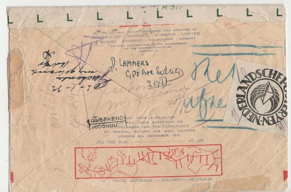 Australia, Primera Cubierta Especial de Correo Aéreo a Inglaterra 1931 Recepción en Holanda Foto 2 de 2
