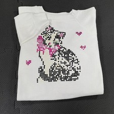 Vintage 90s Hanes Raglan Sweatshirt Large White Cat Sequined Graphic Made in USA