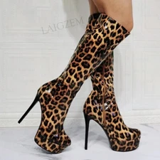 Women Knee High Boots Platform Zip Up Round Toe Stiletto Heels Boots Shoes Woman